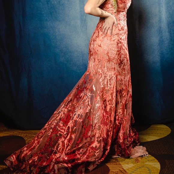 MAC DUGGAL 79288M LONG CORAL OMBRE MERMAID PROM DRESS SHEER BODICE PAGEANT - Picture 2 of 6